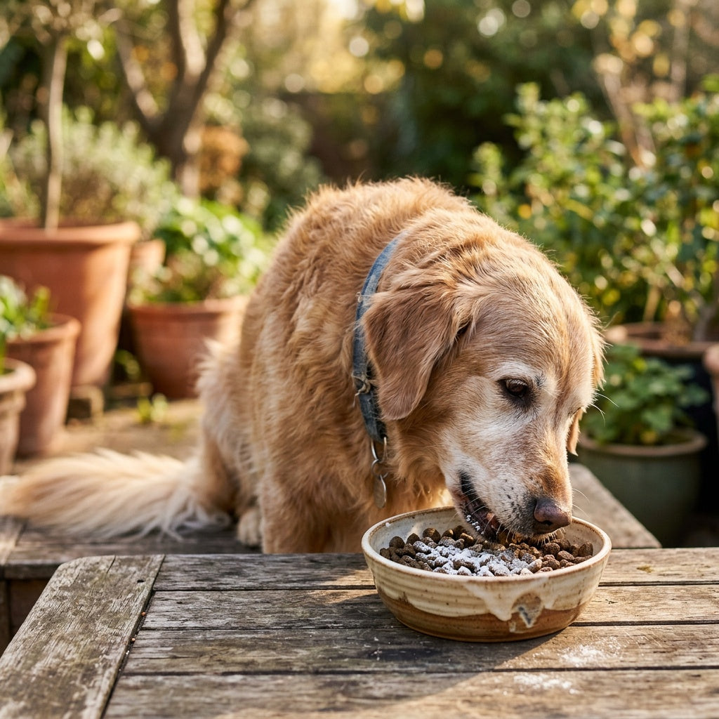 Senior golden retriever eating TailFuel powder mixed into his food
